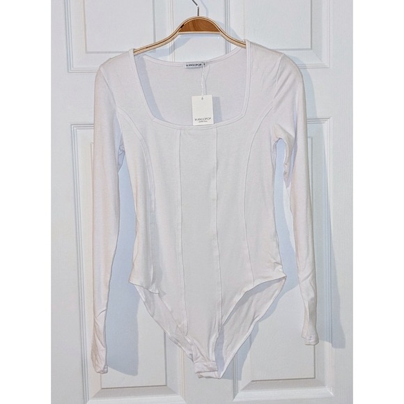 MANGOPop White Bodysuit Square Neck Long Sleeve Top Fitted Corset Detail‎ S NWT - Picture 4 of 9